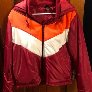 Red puffer jacket